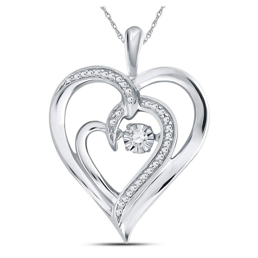 Sterling Silver Womens Round Diamond Heart Moving Twinkle Pendant .03 Cttw, Length: 0.96 In, Width: 0.69 In