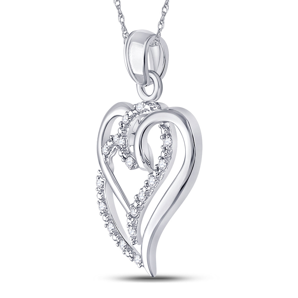 Sterling Silver Womens Round Diamond Double Heart Pendant 1/10 Cttw, Length: 1.05 In, Width: 0.67 In