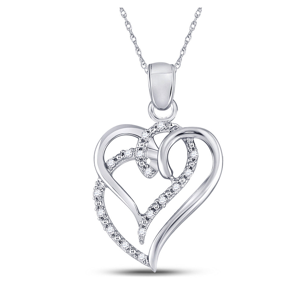 Sterling Silver Womens Round Diamond Double Heart Pendant 1/10 Cttw, Length: 1.05 In, Width: 0.67 In