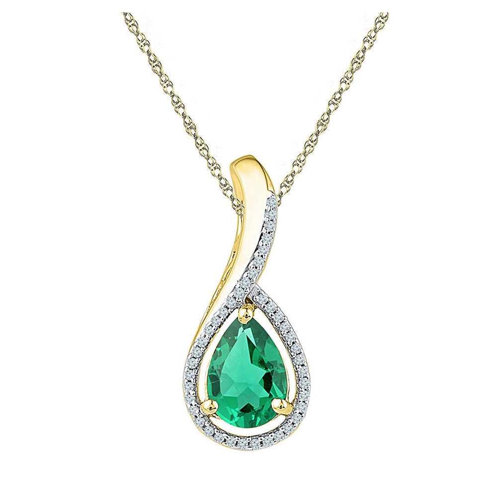 10K Yellow Gold Or Sterling Silver  Womens Pear Synthetic Emerald Solitaire Diamond Pendant 2 Cttw, Length: 0.69 In, Width: 0.37 In