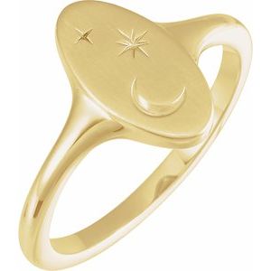 14K Yellow Gold Oval 13 X 7 Mm Brush Polished Moon And Star Signet Ring Size 7