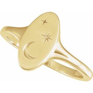 14K Yellow Gold Oval 13 X 7 Mm Brush Polished Moon And Star Signet Ring Size 7