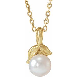 14K Yellow Gold Pearl 5 Mm  Cultured White Akoya Pearl Floral Necklace, Length: 18 In