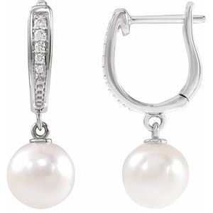 14K White Gold Pearl 7.0-7.5 Mm Pearl And .03 Ctw Natural Diamond Lever Back Earrings