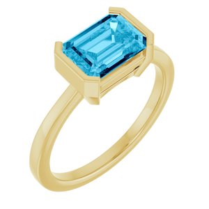 14K Yellow Gold Emerald-Shaped 8 X 6 Mm Polished Lab-Grown Aqua Sapphire Half-Bezel Solitaire Ring Size 7