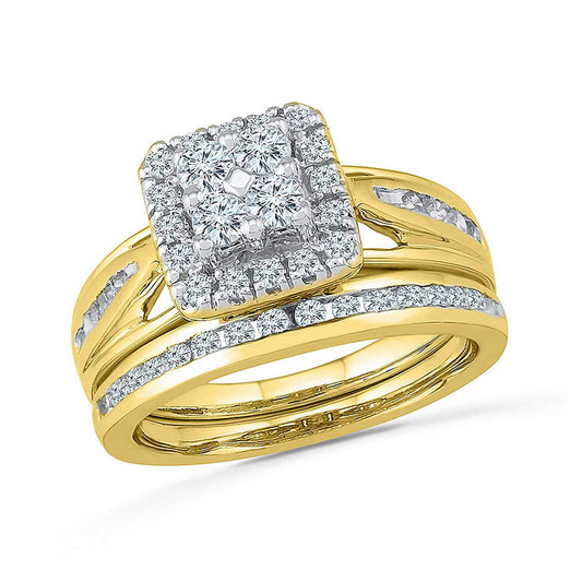 10K Yellow Gold Round Diamond Cluster Bridal Wedding Ring Band Set 1 Cttw, Womens Size: 5-10