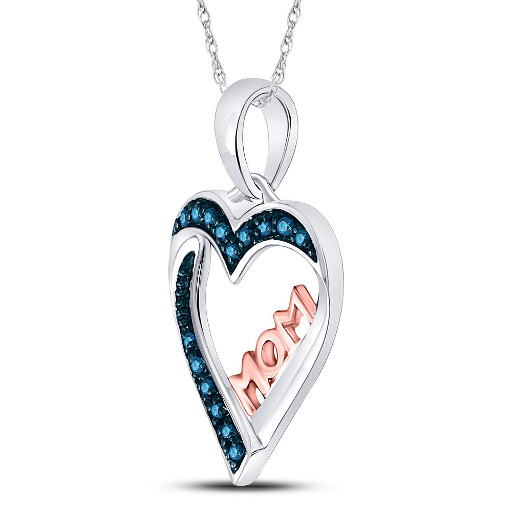 Sterling Silver Womens Round Blue Color Enhanced Diamond Heart Mom Pendant 1/10 Cttw, Length: 1.34 In, Width: 0.53 In