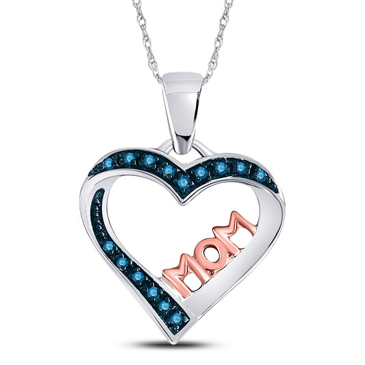 Sterling Silver Womens Round Blue Color Enhanced Diamond Heart Mom Pendant 1/10 Cttw, Length: 1.34 In, Width: 0.53 In