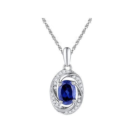 10K White Gold Womens Oval Synthetic Blue Sapphire Solitaire Diamond Pendant 1-1/3 Cttw, Width: 0.34 In