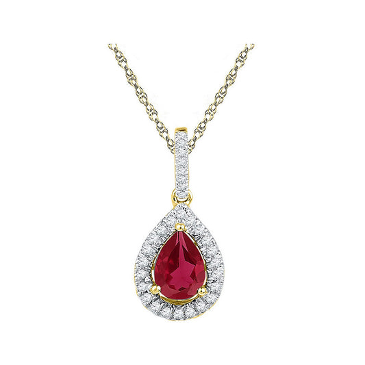 10K Yellow Gold Womens Pear Synthetic Ruby Solitaire Diamond Frame Pendant 1-7/8 Cttw