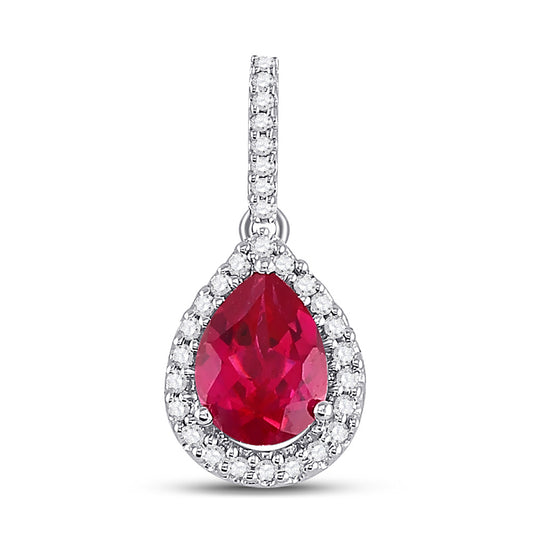 10K White Gold Womens Pear Synthetic Ruby Solitaire Diamond Frame Pendant 1-7/8 Cttw, Width: 0.33 In
