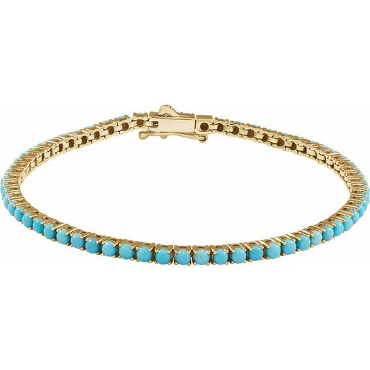 14K Yellow Gold Round  2.5 Mm 7 1/2 Polished Natural Turquoise Line Bracelet