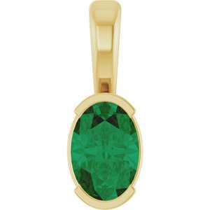 14K Yellow Gold Oval 6 X 4 Mm Lab Grown Emerald Solitaire Pendant