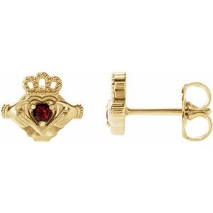 14K Yellow Gold Round 2 Mm Natural Mozambique Garnet Claddagh Earrings