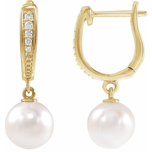 14K Yellow Gold 7.0-7.5 Mm Lever Backs Polished Cultured Akoya Pearl And .03 Ctw Natural Diamond Lever Back Earrings