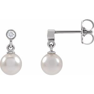 14K White Gold Pearl 5.0-5.5 Mm Cultured Akoya Pearl And .06 Ctw Natural Diamond Earrings