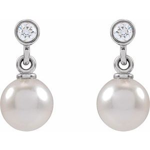 14K White Gold Pearl 5.0-5.5 Mm Cultured Akoya Pearl And .06 Ctw Natural Diamond Earrings