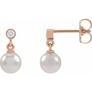 14K Rose Gold Pearl 5.0-5.5 Mm Cultured Akoya Pearl And .06 Ctw Natural Diamond Earrings