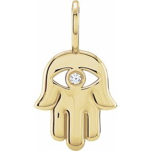 14K Yellow Gold Round 1.7Mm G-H I1 .02 Ct Natural Diamond Hamsa Hand Pendant