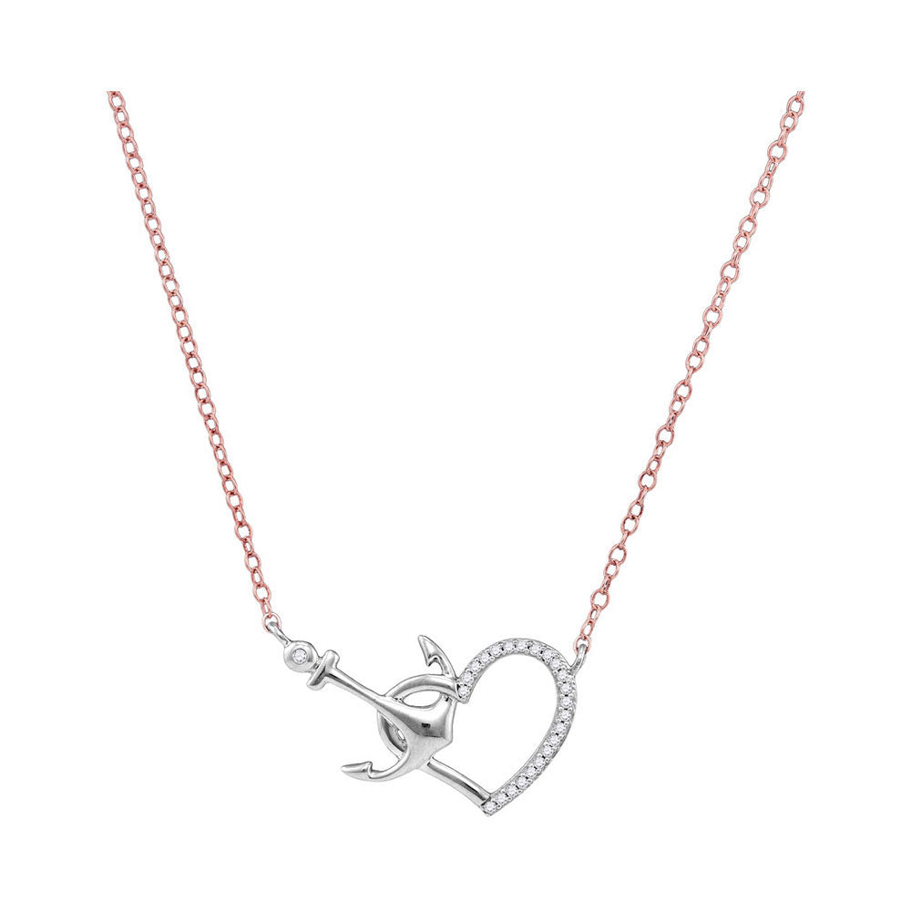 10K White Gold Womens Round Diamond Heart & Anchor Pendant Necklace 1/12 Cttw, Length: 17.99 In