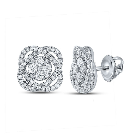 18K White Gold Womens Round Diamond Cluster Earrings 7/8 Cttw, Length: 0.74 In, Width: 0.09 In