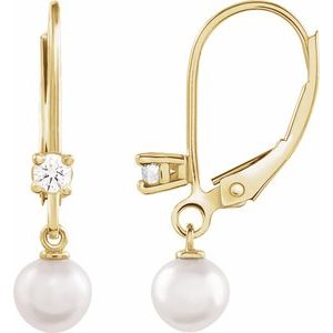 14K Yellow Gold Pearl 5 Mm Cultured White Akoya Pearl And 1/8 Ctw Natural Diamond Lever Back Earrings