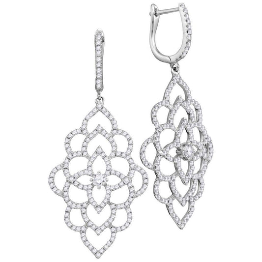 18K White Gold Womens Round Diamond Petals Cocktail Dangle Earrings 1-3/8 Cttw, Length: 1.73 In, Width: 0.08 In