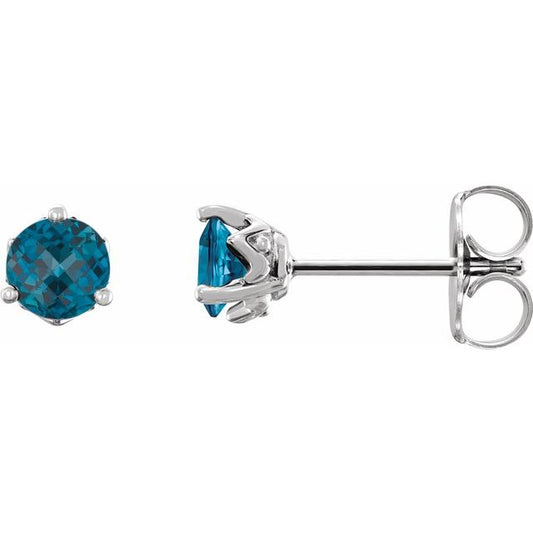 14K White Gold 4 Mm Round Friction Back Polished Natural London Blue Topaz 3-Prong Solitaire Earrings