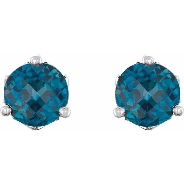 14K White Gold 4 Mm Round Friction Back Polished Natural London Blue Topaz 3-Prong Solitaire Earrings