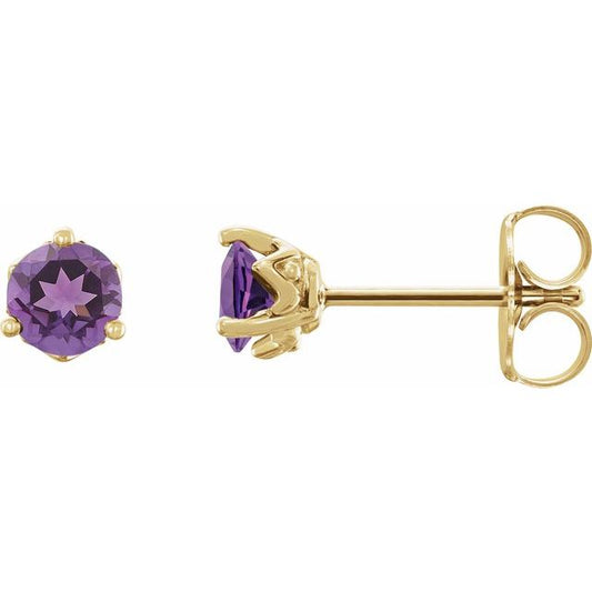 14K Yellow Gold 4 Mm Round Friction Back Polished Natural Amethyst 3-Prong Solitaire Earrings
