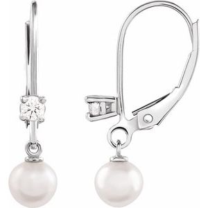 14K White Gold Pearl 5 Mm Cultured White Akoya Pearl And 1/8 Ctw Natural Diamond Lever Back Earrings