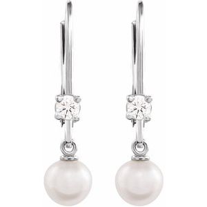 14K White Gold Pearl 5 Mm Cultured White Akoya Pearl And 1/8 Ctw Natural Diamond Lever Back Earrings
