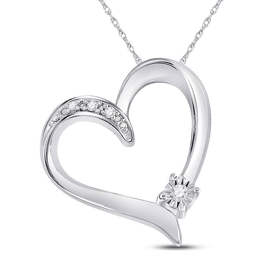 Sterling Silver Womens Round Diamond Solitaire Heart Pendant .03 Cttw, Width: 0.61 In