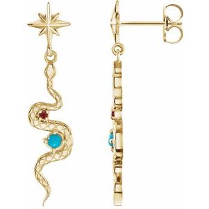 14K Yellow Gold Round 2 Mm Natural Turquoise And Natural Ruby Snake Dangle Earrings