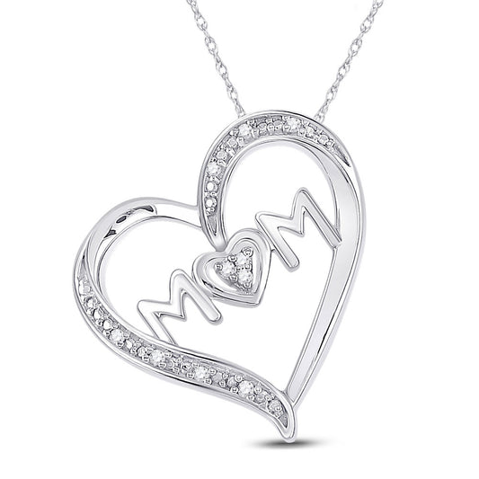 Sterling Silver Womens Round Diamond Mom Heart Pendant 1/20 Cttw, Width: 0.61 In