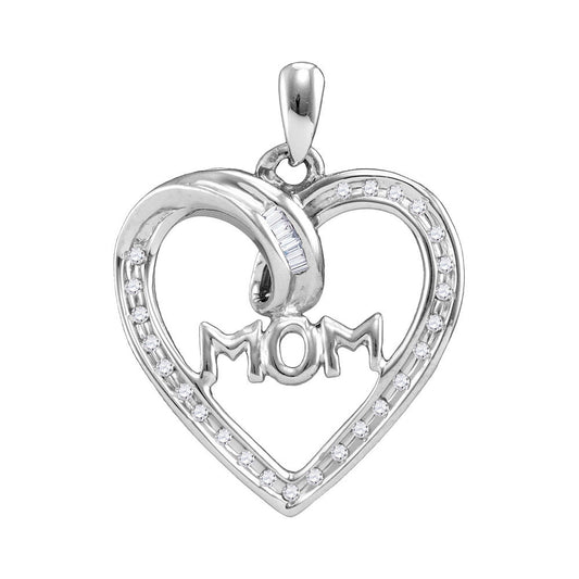 Sterling Silver Womens Round Diamond Mom Heart Pendant 1/10 Cttw, Width: 0.67 In