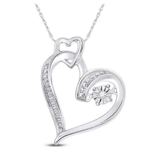 Sterling Silver Womens Round Diamond Moving Twinkle Heart Pendant .01 Cttw, Width: 0.57 In