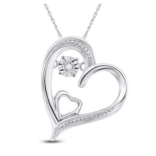 Sterling Silver Womens Round Diamond Double Heart Moving Twinkle Pendant .01 Cttw, Width: 0.56 In