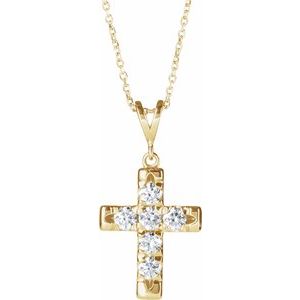 14K Yellow Gold Round 2.8Mm G-H I1 Natural Diamond French-Set Cross Necklace, Length: 18 In