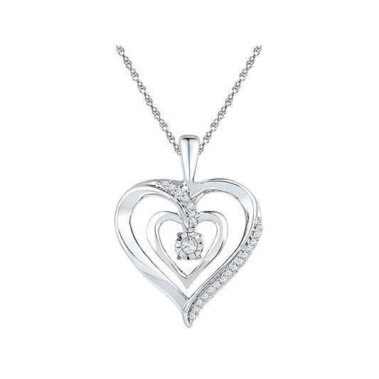 Sterling Silver Womens Round Diamond Heart Pendant 1/10 Cttw, Length: 0.58 In, Width: 0.63 In
