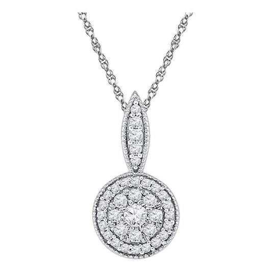 10K White Gold Womens Round Diamond Circle Frame Flower Cluster Pendant 1/3 Cttw, Width: 0.36 In