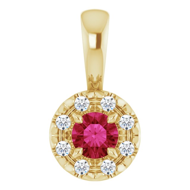 14K Yellow Or White Gold Round 3Mm I1, G-H Polished Natural Ruby And .03 Ctw Natural Diamond French-Set Halo-Style Pendant