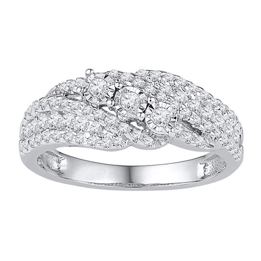 10K White Gold Womens Round Diamond 3-stone Band Ring 1/2 Cttw, Womens Size: 5-10