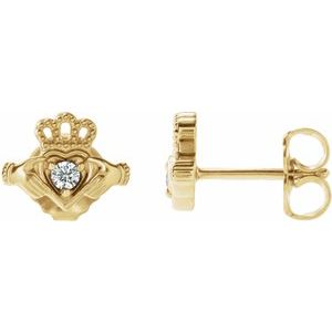 14K Yellow Gold Round 2 Mm .06 Ctw Natural Diamond Claddagh Earrings