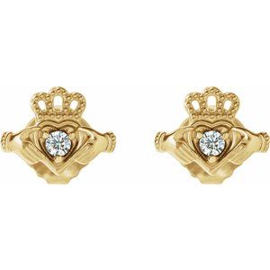 14K Yellow Gold Round 2 Mm .06 Ctw Natural Diamond Claddagh Earrings
