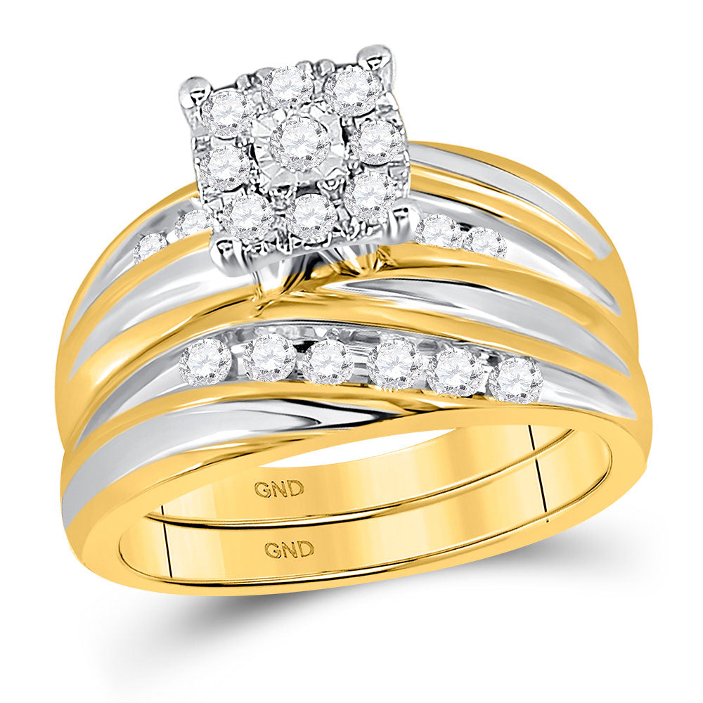 14K Yellow Gold His Hers Round Diamond Cluster Matching Wedding Set 5/8 Cttw, Womens Size: 5-10, Mens Size: 7-13
