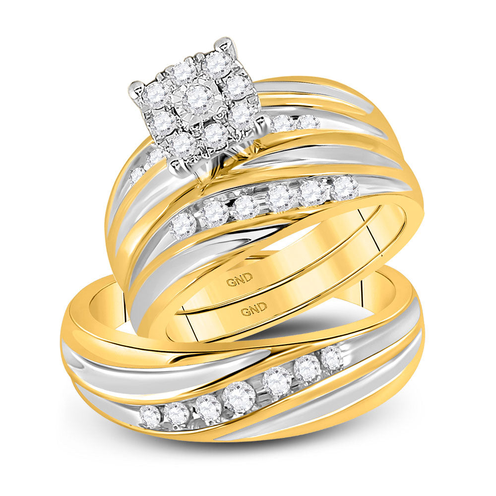 14K Yellow Gold His Hers Round Diamond Cluster Matching Wedding Set 5/8 Cttw, Womens Size: 5-10, Mens Size: 7-13