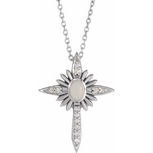 Sterling Silver Oval 4 X 3Mm G-H I1 Natural White Opal And .06 Ctw Natural Diamond Nativity Cross Necklace, Length: 18 In