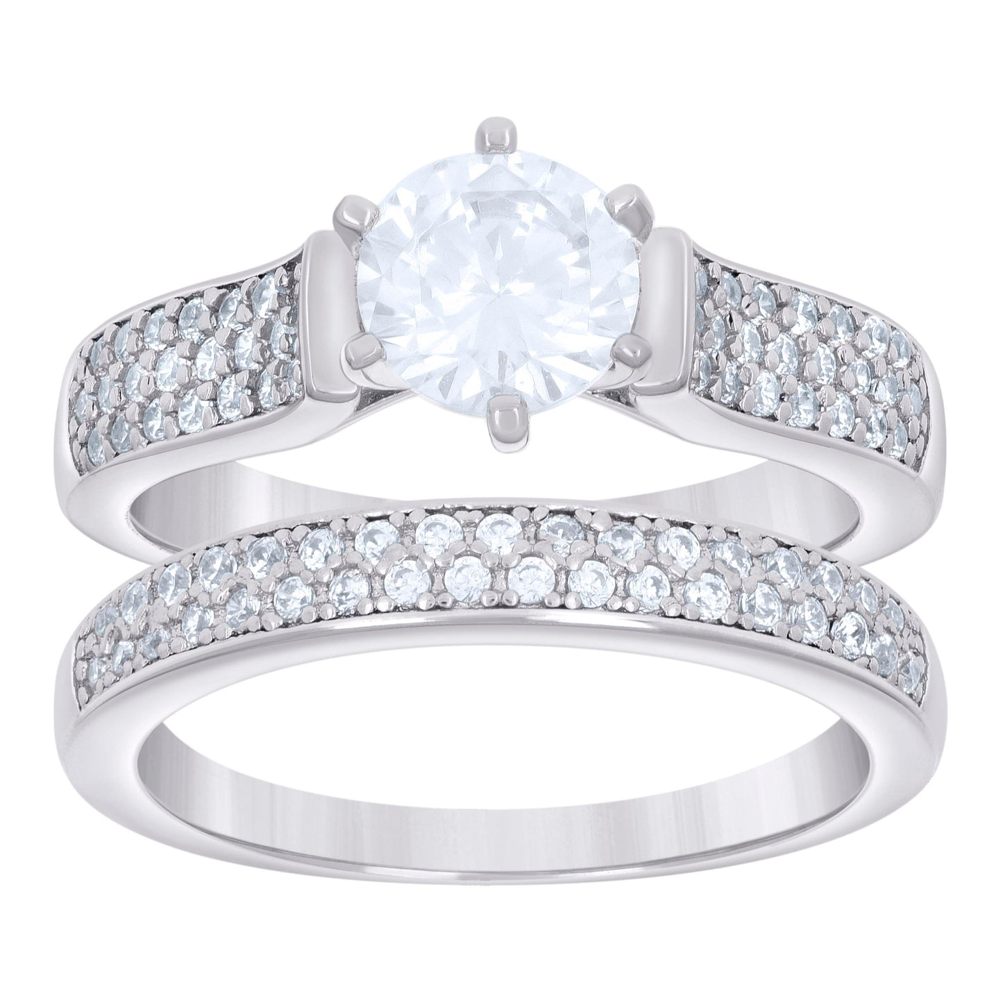 Sterling Silver Women's Cubic-Zirconia Duo Bridal Anniversary Wedding Engagement Band Ring Set