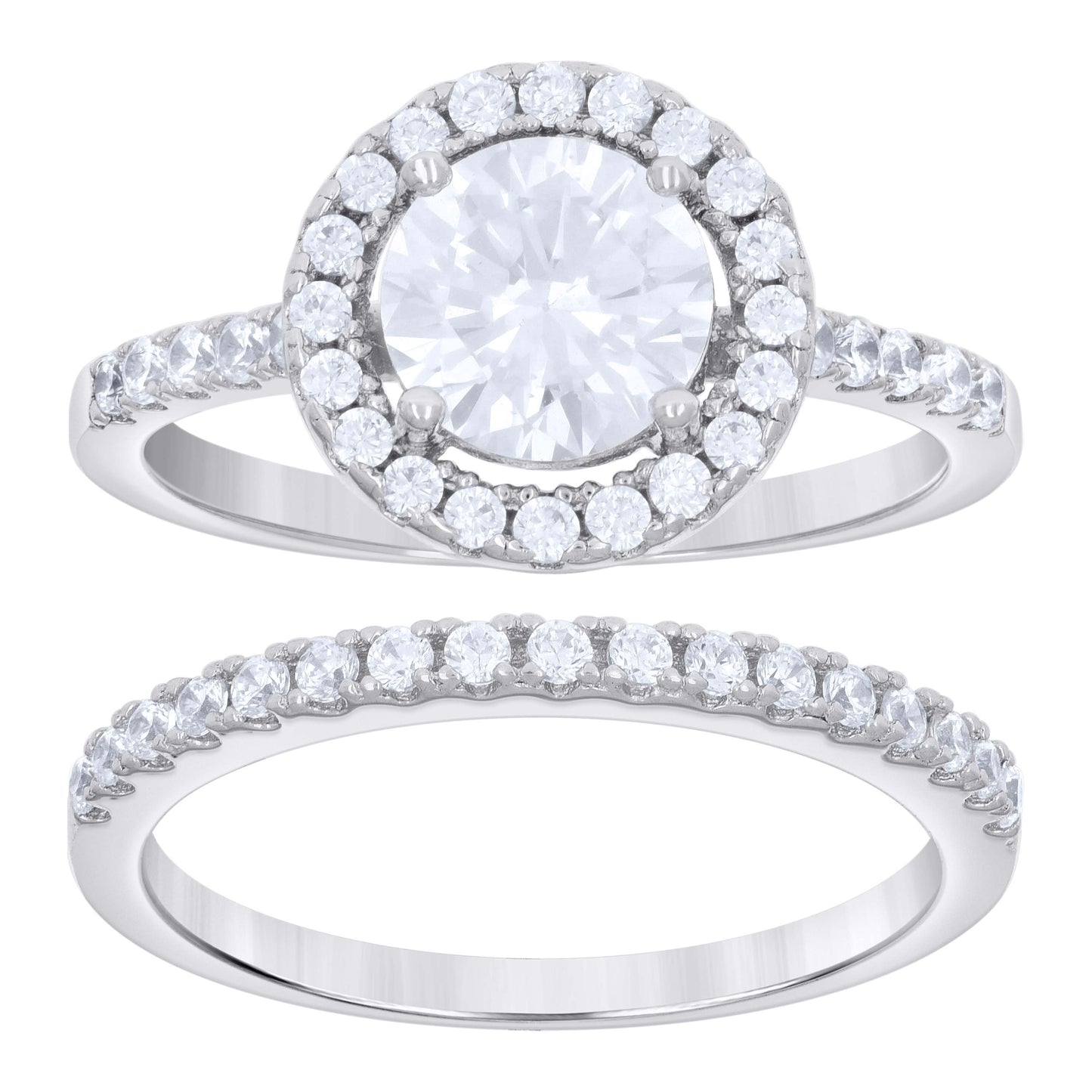 Sterling Silver Women's Cubic-Zirconia Duo Bridal Anniversary Wedding Engagement Band Ring Set